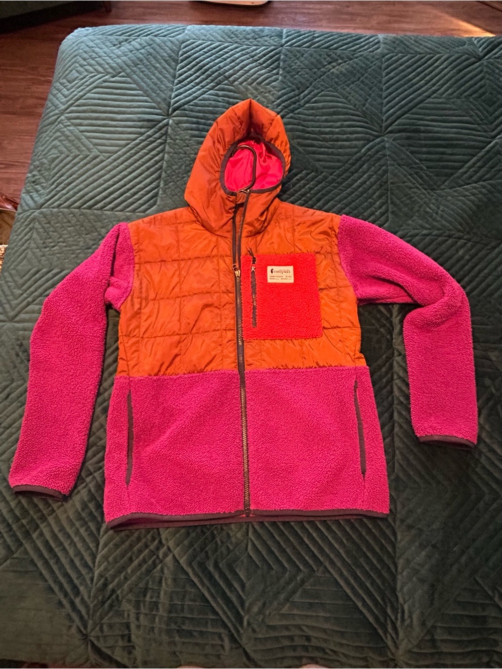 cotopaxi Orange and Bright Pink Quilted Hooded Fleece Jacket